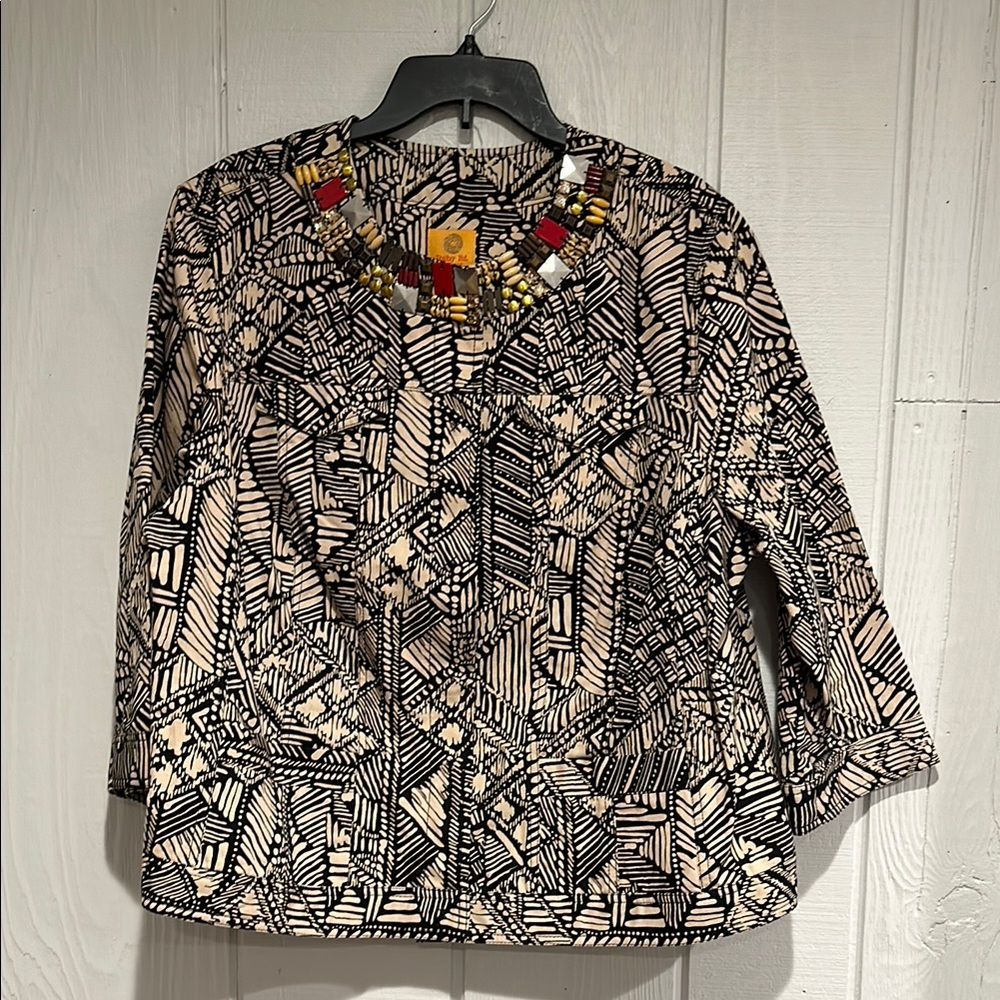 Ruby Rd. Geometric Print Blouse with Beaded Neckline